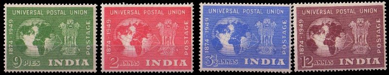 INDIA 1949 - Universal Postal Union, Set of 4, Mint Hinged, White Gum Stamps