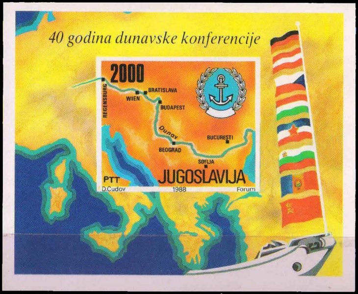 YUGOSLAVIA 1988-Map of Danube-Map & Flags-Imperf MS-S.G. MS 2470