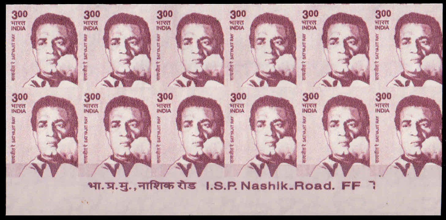 INDIA, Satyajit Ray, 3 Rs.-Imperf Block of 12 with One Side Margin, MNH, Film, Cinema, As per Scan
