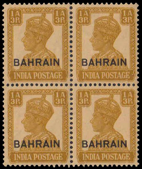 BAHRAIN 1942-Stamp of India, K.G. VI, 1 A, 3 Pies, Overprint, Block of 4, MNH, S.G. 42, Cat � 10 x 4=40