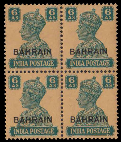BAHRAIN 1942-India K.G. VI, 6 As, Overprint, Block of 4, MNH, S.G. 48, Cat £ 80-