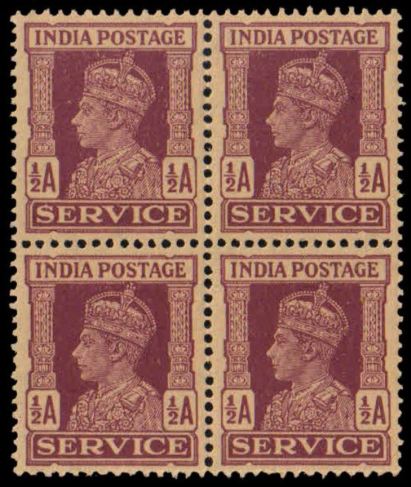 INDIA 1939-K.G. VI-½ Anna Official, Block of 4, S.G. 0144a