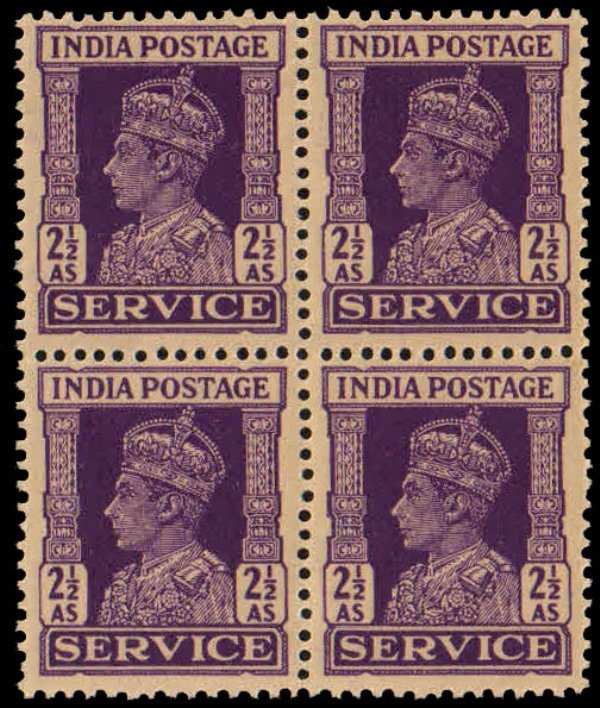 INDIA 1942-K.G. VI, 2½ Anna Bright Violet, Block of 4, MNH, S.G. 0148