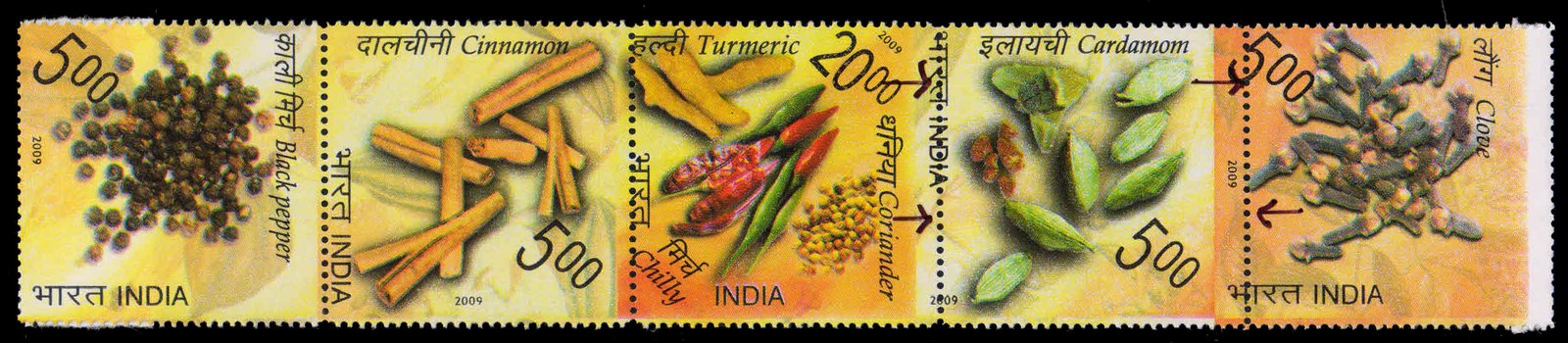 INDIA 2009-Spices of India, Perforation shift Error-Strip of 5, as per Scan