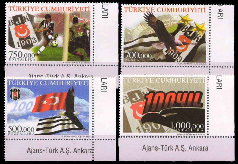 TURKEY 2003-Besiktan Gymnastic Club, Eagle & Flags, Football, Set of 4, MNH, S.G.  3524-3527