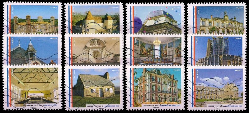 FRANCE 2015-Town Halls in France, Architecture, Building, Used Complete Set of 12 Stamps-Cat � 48-