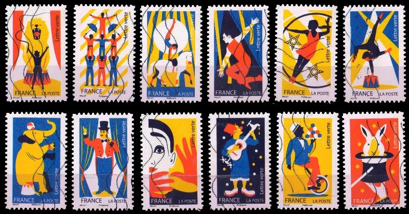 FRANCE 2017 - Circus, Acrobat, Elephant Seated, Set of 12, Used Stamps, S.G. 6272-6283, Cat. £ 39