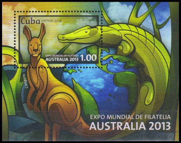 CUBA 2013-Kangaroo & Crocodile-Stamp Exhibition-Imeprf MS-MNH, S.G. MS 5824