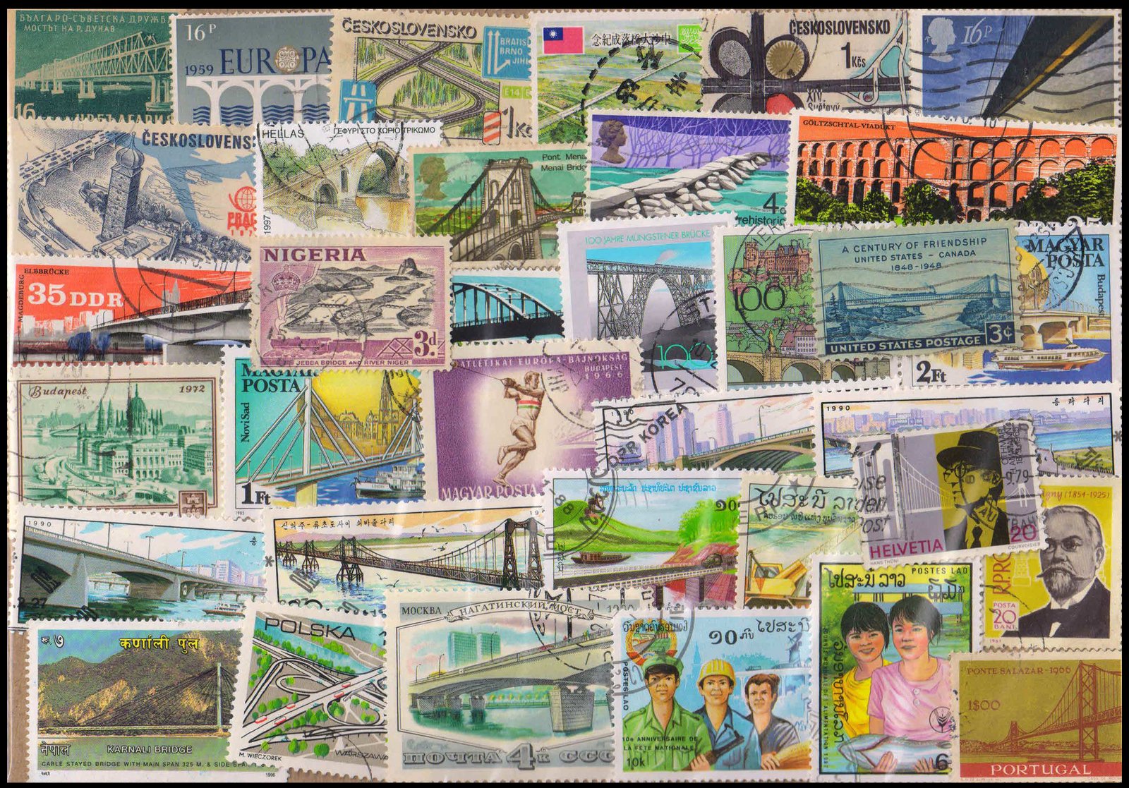 BRIDGES ON STAMPS - Worldwide 50 Different, Used Large & Small Stamps