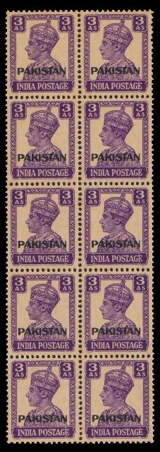 PAKISTAN 1947-Stamps of India, K.G. VI, 3 As Overprint PAKISTAN Machine Print Block of 10, Stamp of India, Mint Never Hinged S.G. 7