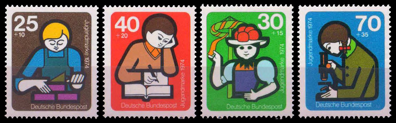 GERMANY 1974-Youth Welfare, Costruction, Folk Dance, Study, Research, set of 4, MNH, S.G. 1696-99-Cat � 10