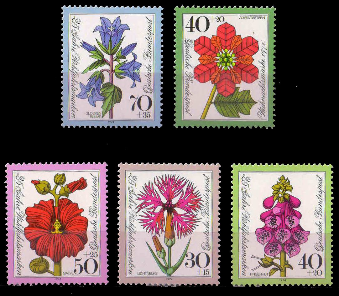 GERMANY 1974-Flowers, Humanitarian Relief Fund, Christmas, Set of 5, MNH, s.G. 1712-16-Cat £ 6-
