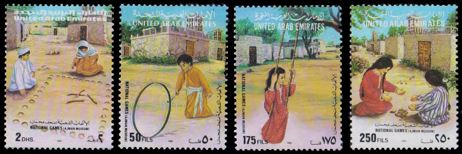 U.A.E. 1995-National Games, Sports, Set of 4, MNH, S.G. 488-491, Bowling Hoop, Swinging, Stone Square Game