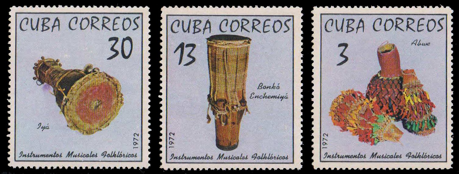 CUBA 1972, Traditional Musical Instruments, Shakers, Drums, Set of 3, MNH, S.G. 1973-75, Cat £ 4.00