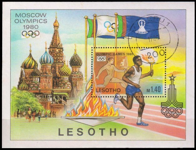 LESOTHO 1980-Olympic Games, Ancient and Modern Athletes Carrying Olympic Torch, Used Miniature Sheet, S.G. MS 397