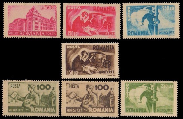 ROMANIA 1945, Postal Employees, Postman, Telegraphist, Post Office, set of 7, Mint Hinged, S.G. 1726-1732, Cat £ 28.70