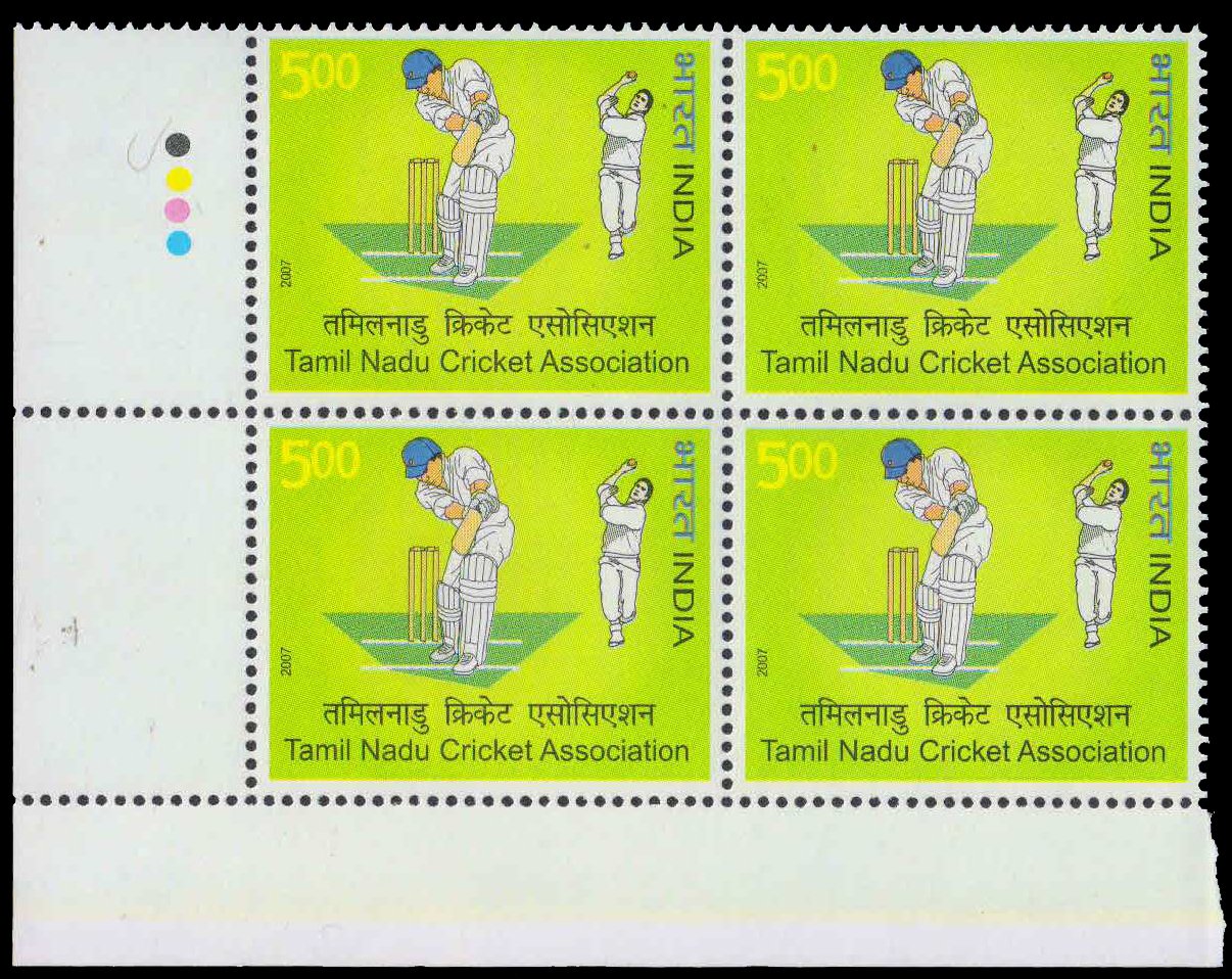 INDIA 2007, Tamil Nadu Cricket Association, Batsman and Bowler, Block of 4  with T.L., MNH, S.G. 2377, Cat � 1.50 Each
