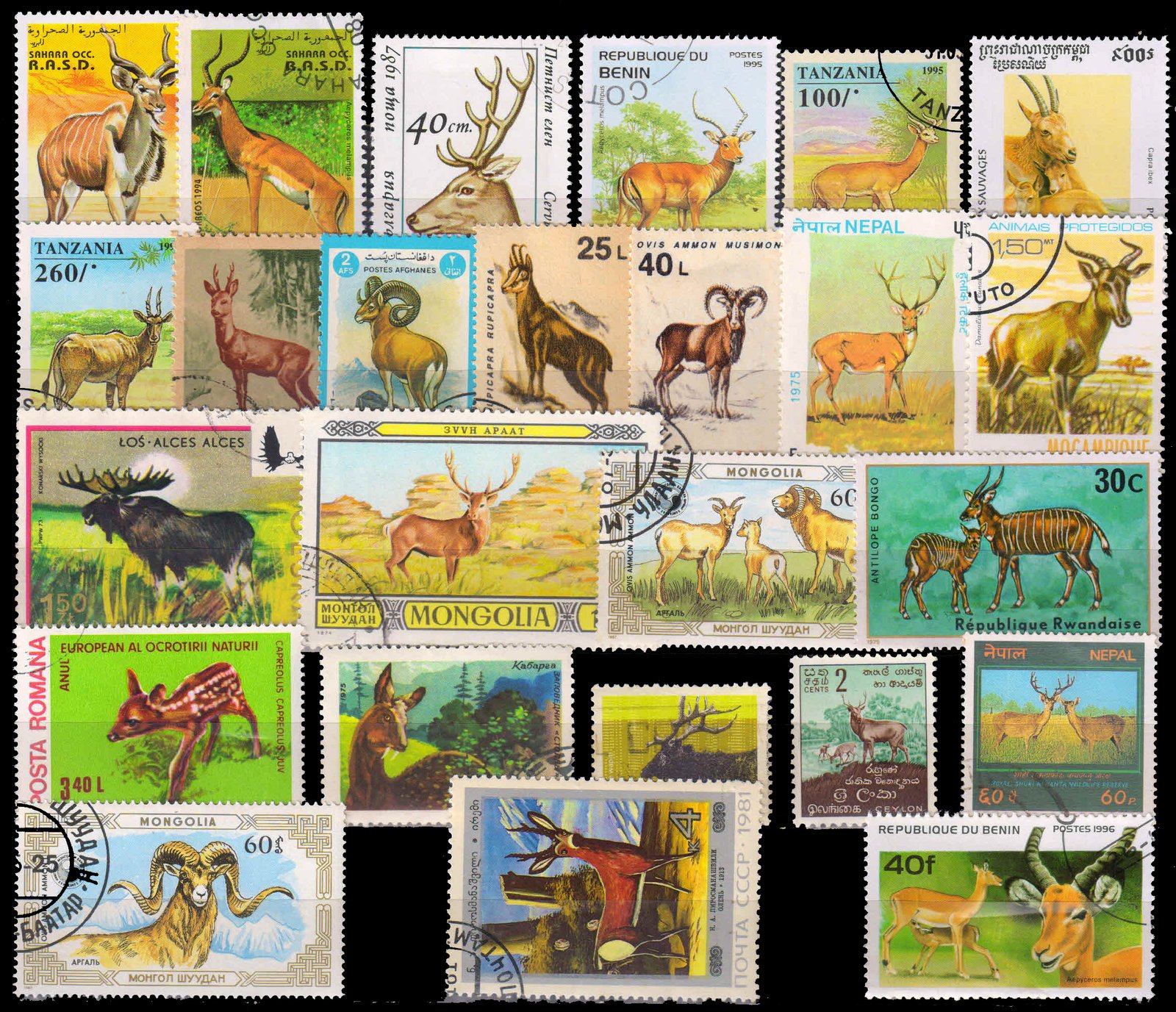 DEER ON STAMPS-Worldwide 25 All Different, Used, Large Only Stamps