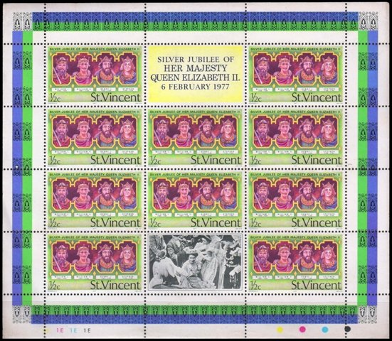 ST. VINCENT 1977-Silver Jubilee-William I & II, Henry & Stephen, Sheet-let of 10 Stamps, MNH, S.G.  502