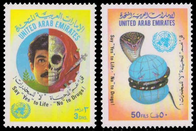 U.A.E 1996-Anti Durg Campaign, Drug Shake Crushing Globe, Drug Wrecked Skull, Set of 2, MNH, S.G. 520.21-Cat � 11.50