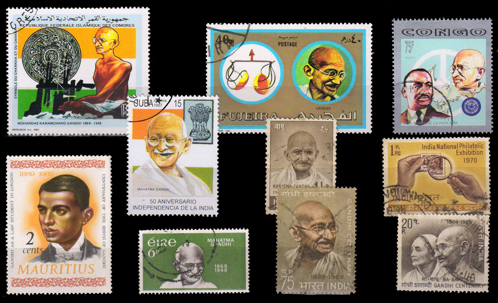 Mahatama Gandhi-10 Different, Mint & Used Stamps