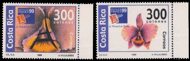 COSTA RICA 1999-Orchid, Eiffel Tower, Philexfrance 99 Stamp Exhibition, Set of 2, MNH, S.G. 1666-67, Cat £ 5.50