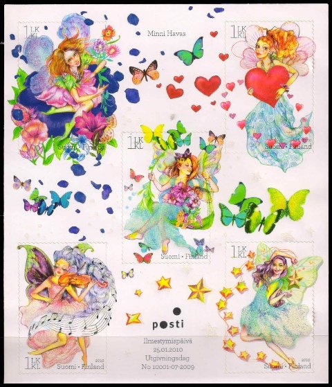 FINLAND 2010-St. Valentines Day, Fairies, Sheet of 5, Several Techniques were used to print ms giving an effect of Vanish & glitter