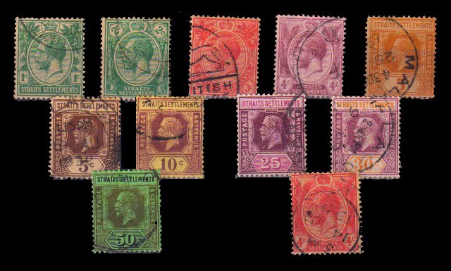 STRAITS SETTLEMENT 1912 - King George V, 11 Different Used Stamps, 110 years Old, British Commonwealth stamps