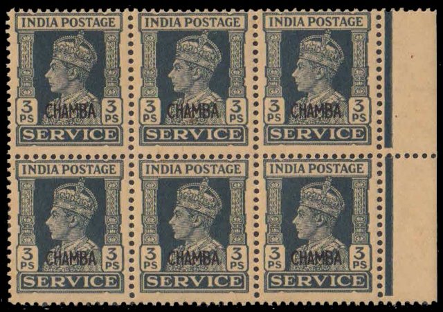 CHAMBA STATE 1940-King George VI, 3 Ps, Block of 6, MNH, Official Issue, S.G. 072