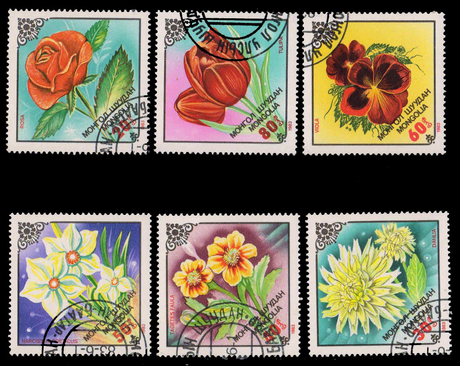 MONGOLIA 1983-Flowers, Rose, Diamond Shaped, Set of 6, Used