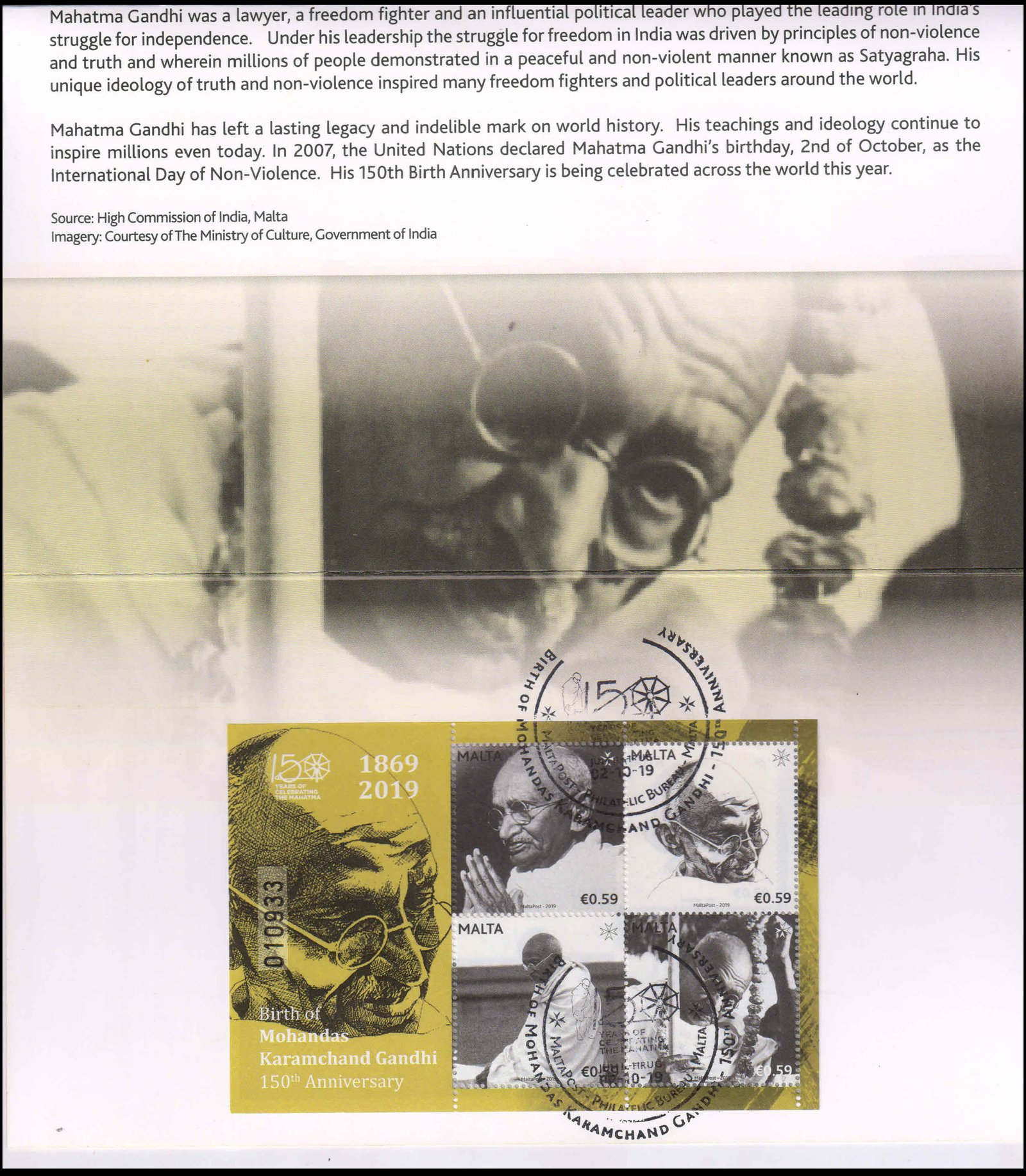 MALTA 2019, 150th Birth Anniv. of Mahatma Gandhi, Presentation incl. Miniature Sheet & First Day Cancellation, Collectable Pack