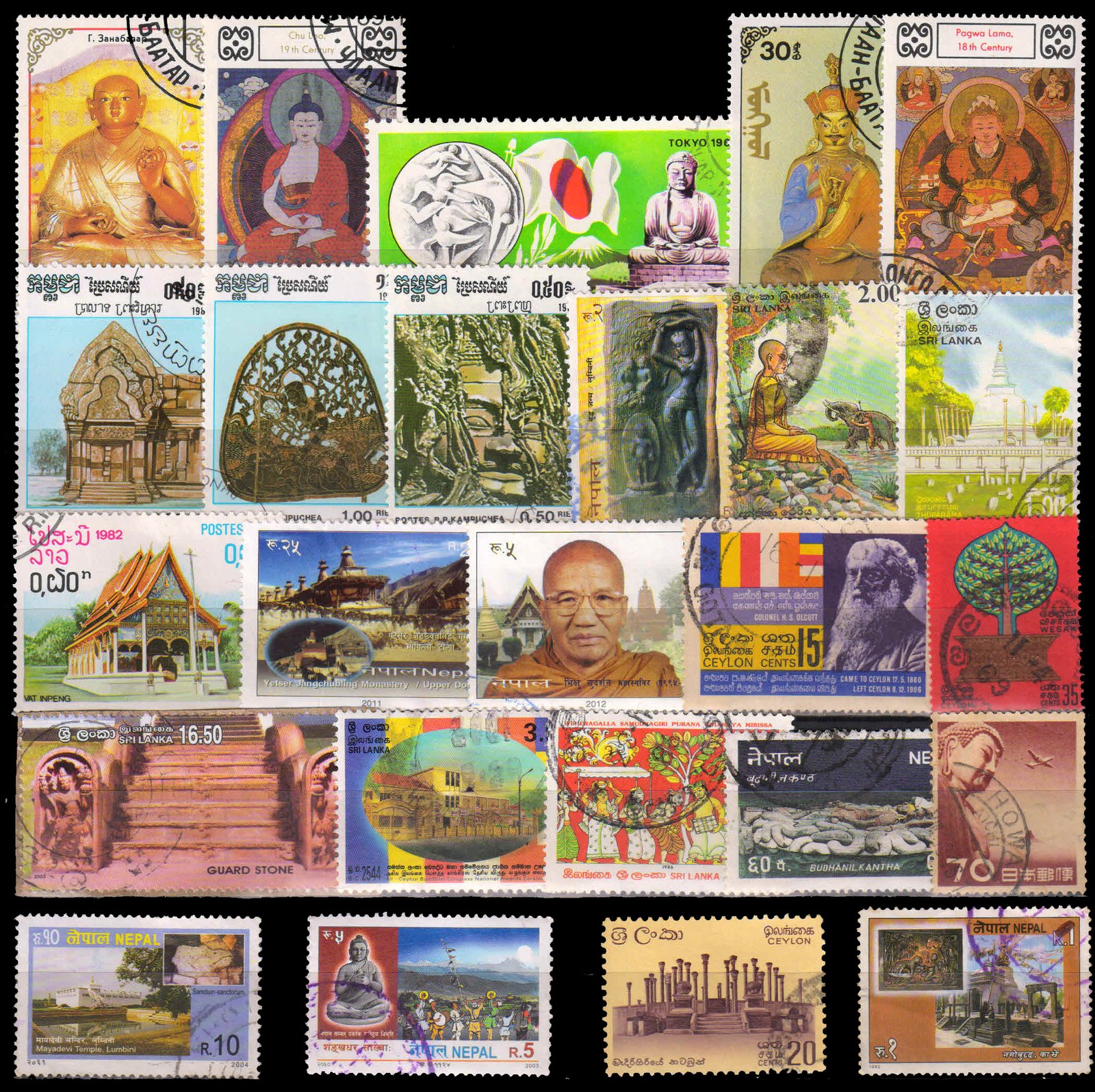 BUDDHA, Buddhism, Pagoda, 25 Different Stamps, Large & Used