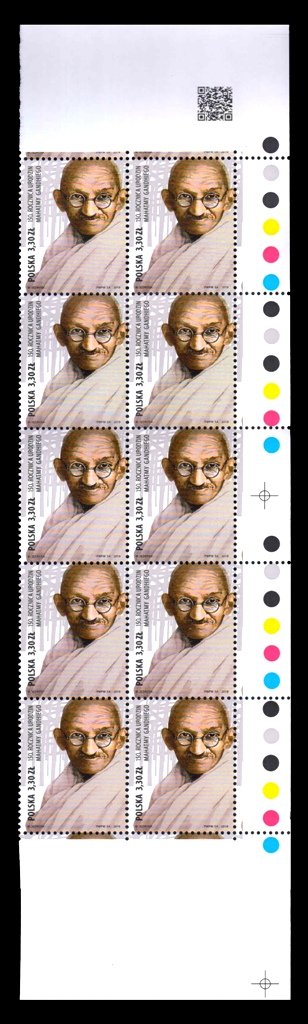 POLAND 2019 - 150th Birth Anniversary of Mahatma Gandhi, Block of 10 Stamps with Colour Codes as per Scan