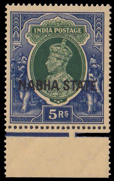 NABHA STATE 1938, K.G. VI, S.G. 91, MNH, King George VI, 5 Rs.