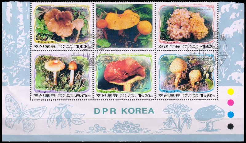 NORTH KOREA 2002-Fungi, Sheet of 5+Label, Traffic Light, Thematic Cancellation, S.G. N 4195-99