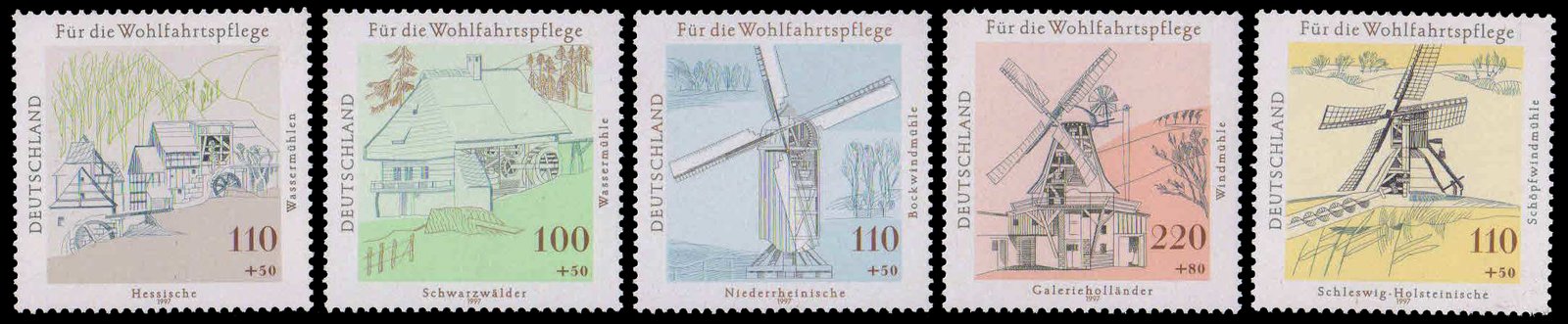 GERMANY 1997-Mills, Humanitarian Relief Funds, Windmill, Water Mill, Post Mill, Set of 5, MNH, S.G. 2814-18