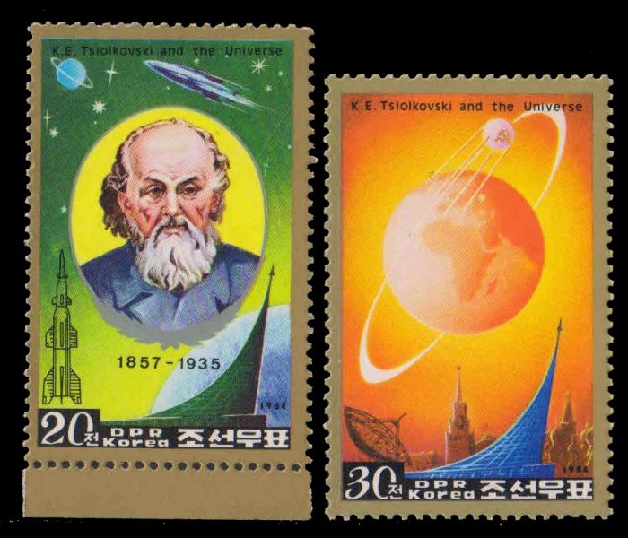 NORTH KOREA 1984-K.E. Tsiolkovsky, Space, Scientist, Sputnik orbiting Earth, Set of 2, MNH, S.G. N 2435-36