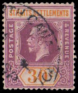 STRAITS SETTLEMENT 1912, 30 Cent. Dull Purple & Orange, King George V, 1 Value, Used, S.G. 207