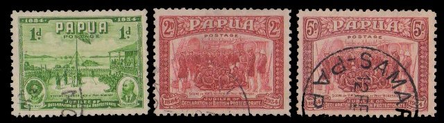 PAPUA 1934-Hosting the Union Jack, Scene on H.M.S. Nelson, Used, Set of 3, S.G. 146, 47, 49-Cat £ 29-