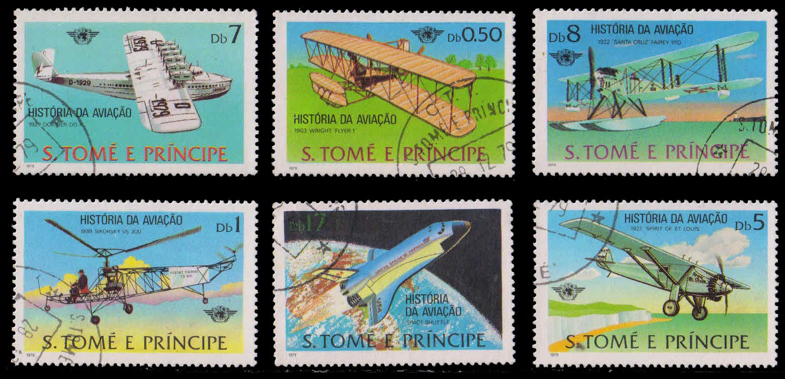 ST. THOMAS & PRINCE ISLANDS 1979-History of Aviation-Comp. Set of 6, Used, Aircraft, Space Shuttle, Scott No. 528-533