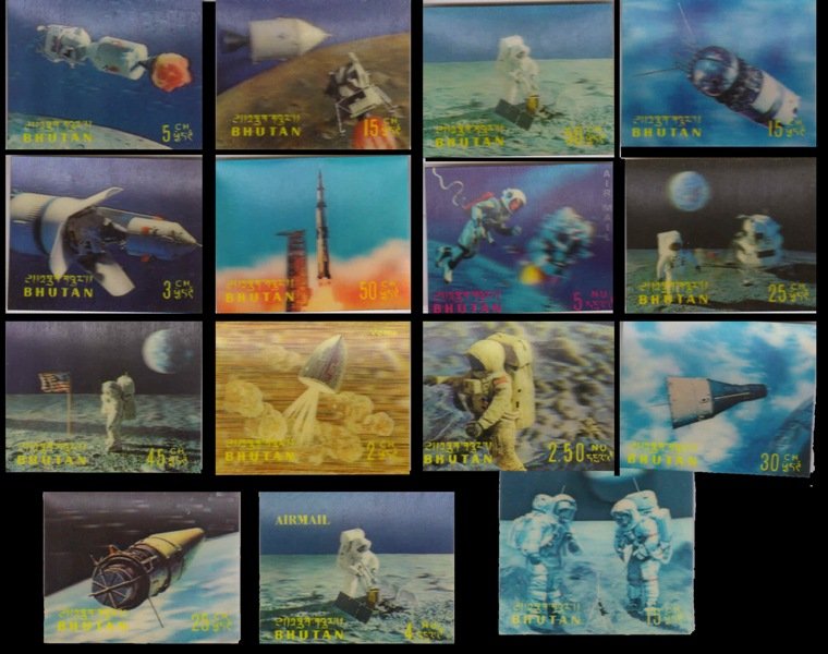 BHUTAN 1971-Space-Moon Landing-15 Different, 3-D Stamps (Plastic Surfaced)