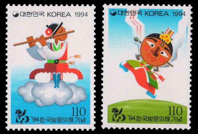 SOUTH KOREA 1994-Visit Korea Year, Flautist on Cloud, Music, Mask Dance, Set of 2, MNH, S.G. 2086-87