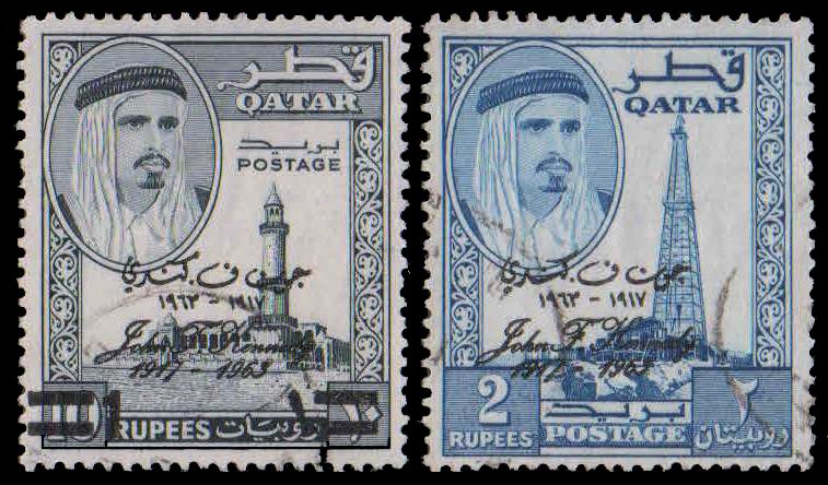 QATAR 1964, Pres. John F. Kennedy (1917-63), Surcharged in Arabic & English on  1961 Stamps, Set of 2, Used, S.G. 45-46, Cat� 22.50-