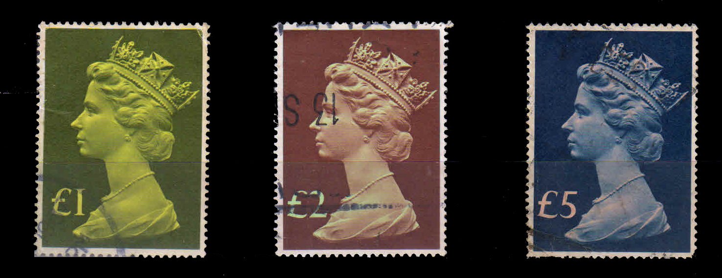 GREAT BRITAIN, England 1977-Head of Queen Elizabeth, High Value, Used Set of 3-S.G. 1026, 27, 28