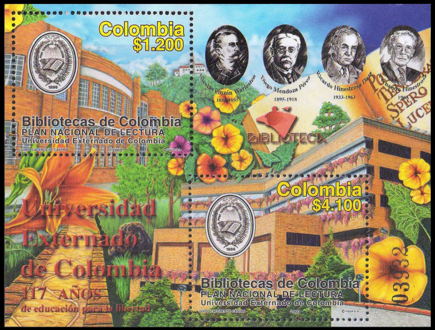 COLOMBIA 2003-117th Anniv. of Universal Externado de Colombia, Emblem and Building Facade, S/Sheet of 2 Stamps, MNH