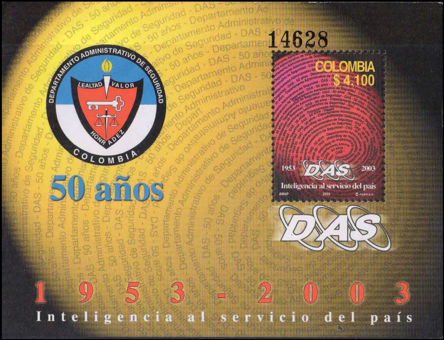 COLOMBIA 2003-50th Anniv. of DAS (Security Department), S.G. MS 2330-Fingerprint, S/Sheet, Cat � 7-
