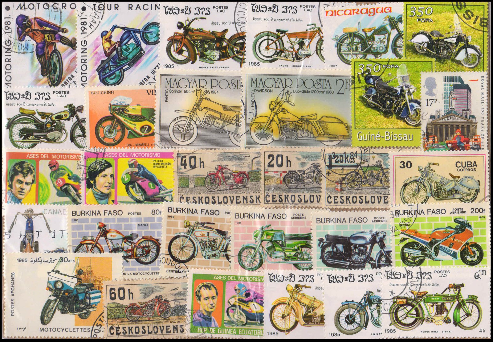 MOTORCYCLE ON STAMPS-Worldwide 50 Different, Large Stamps