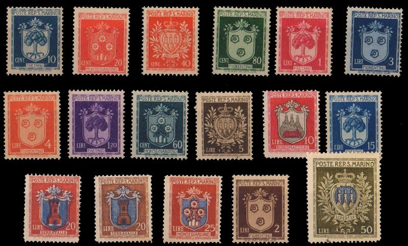 SANMARINO 1945-Arms of San Marino & Villages of the Republic, Set of 17, Mint Gum Wash, S.G. 309-23, Cat £ 99.55