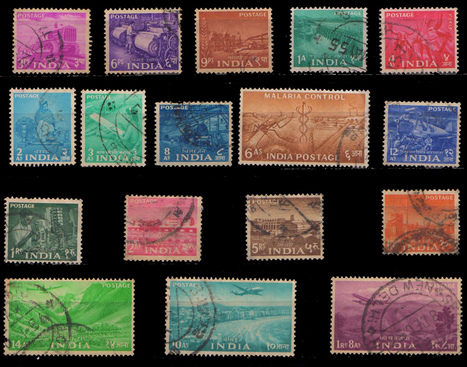 INDIA DEFINITIVE 1955 - Five Year Plan, Definitive Series, 17 Different Used Stamps