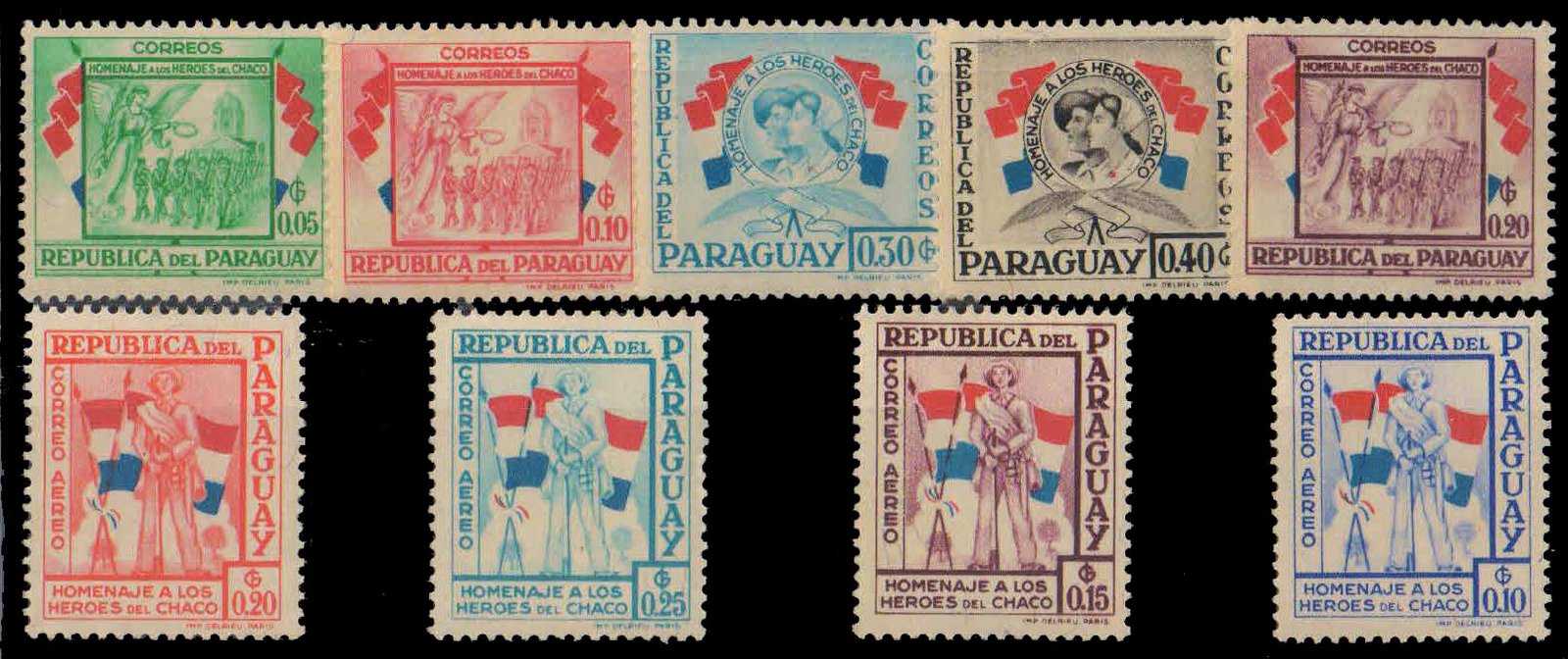 PARAGUAY 1957-Chaco Heroes, Soldiers & Flags, 9 Different Mint Stamps
